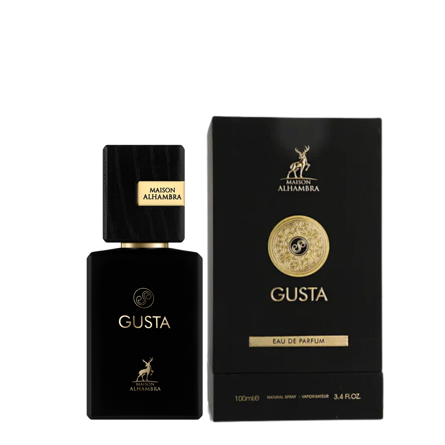 Bottle of Gusta 100ml EDP aromatic aquatic perfume with its packaging by Maison Alhambra