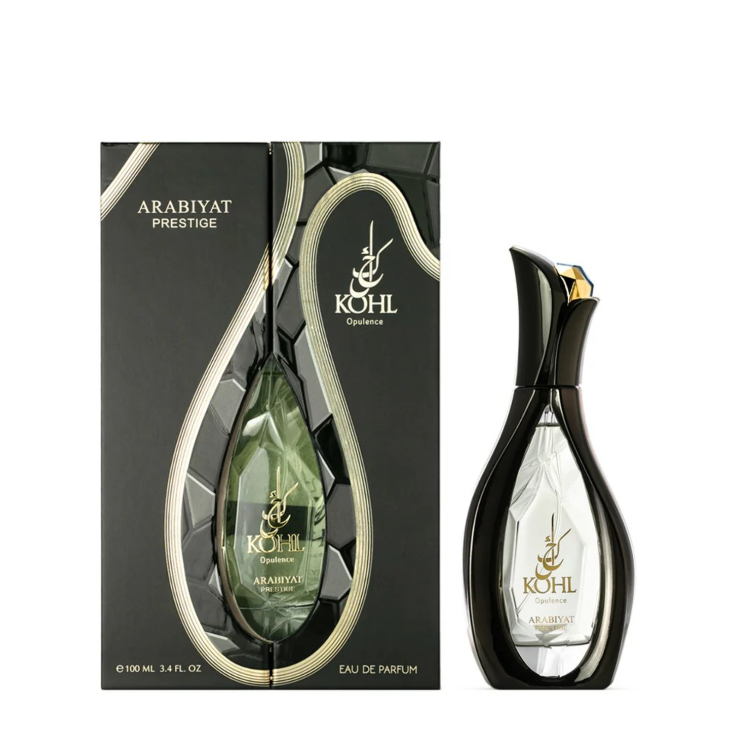Black and clear glass bottle of Kohl Opulence 100ml EDP perfume next to its black packaging with gold accents by Arabiyat Prestige