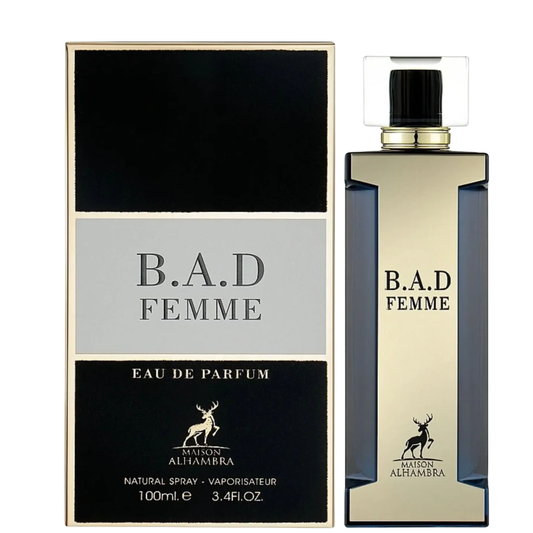 B.A.D Femme Perfume 100ml EDP by Maison Alhambra gold and dark bottle with clear cap - Wholesale UK at IMPERIAN