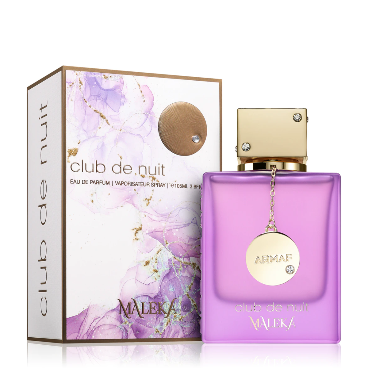Club De Nuit Maleka Perfume 100ml EDP by Armaf matte purple bottle with crystal cap and gold medallion - Wholesale UK at IMPERIAN