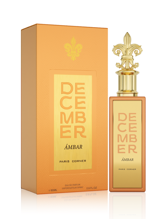 December Ambar Perfume 85ml EDP by Paris Corner amber orange bottle with gold plate and fleur-de-lis cap - Wholesale UK at IMPERIAN