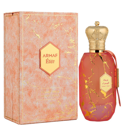 Desert Rose Eter Perfume 100ml EDP by Armaf coral pink bottle with gold marble veins and crown cap - Wholesale UK at IMPERIAN