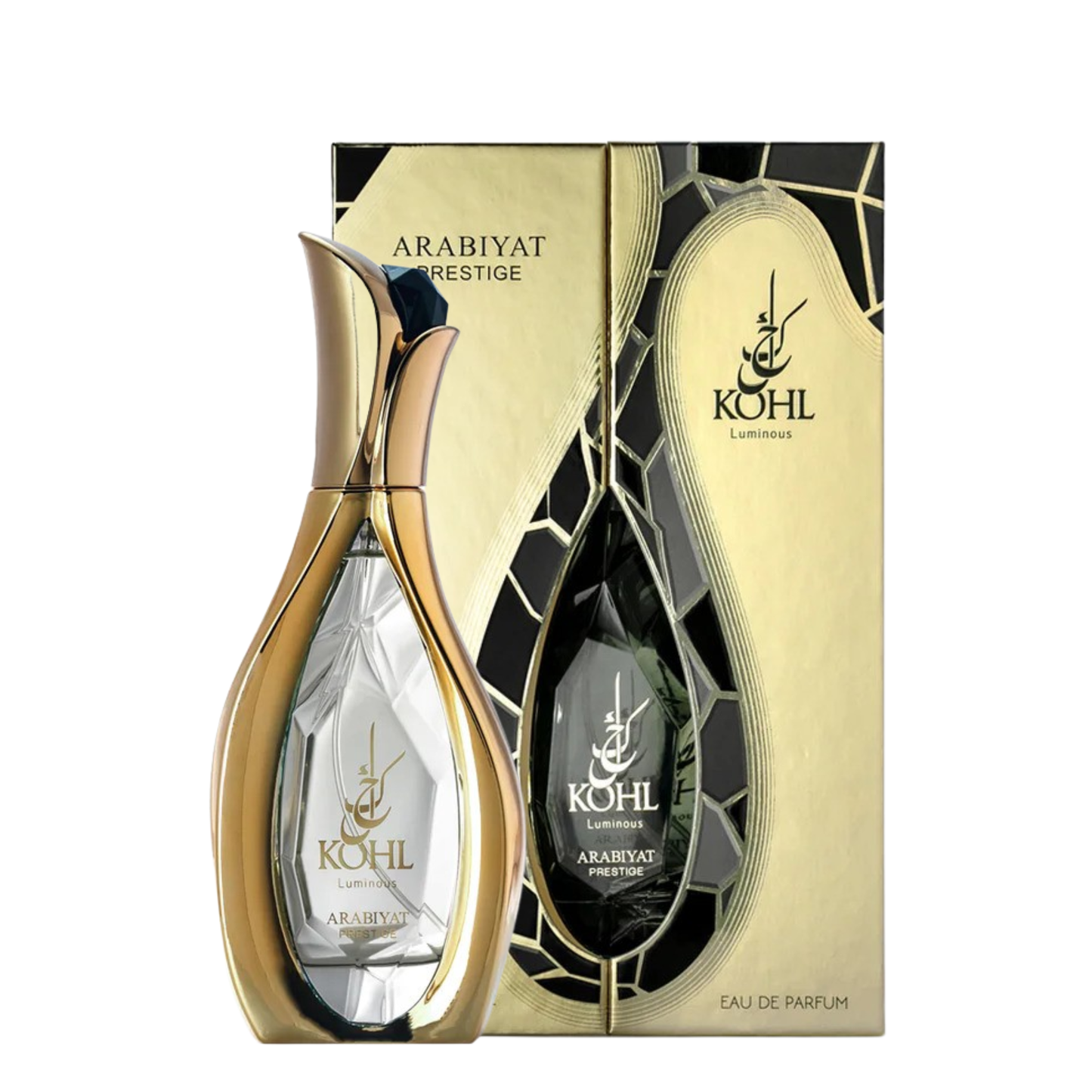 Gold and black bottle of Kohl Luminous 100ml EDP perfume with its geometric patterned box by Arabiyat Prestige