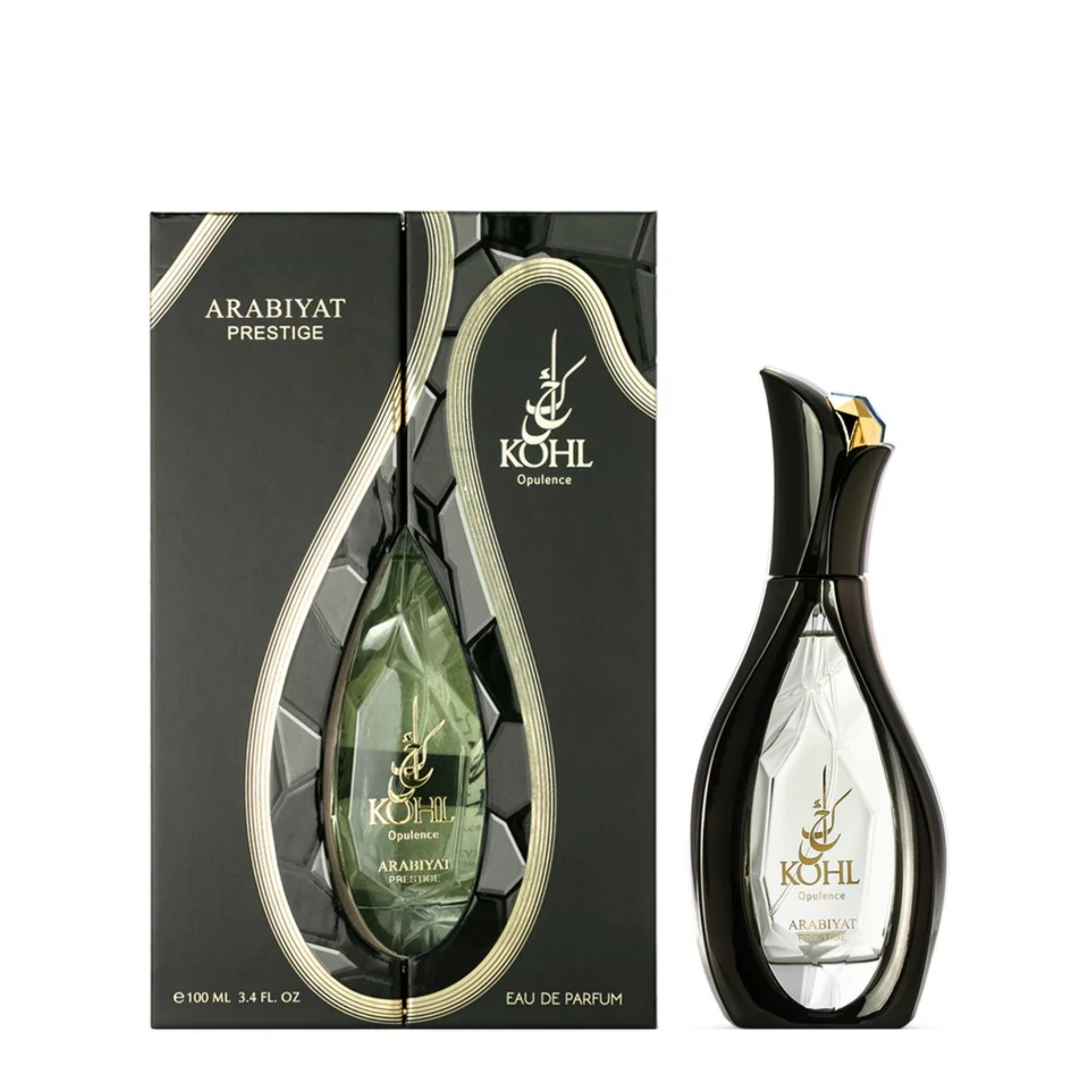Black and clear glass bottle of Kohl Opulence 100ml EDP perfume next to its black packaging with gold accents by Arabiyat Prestige