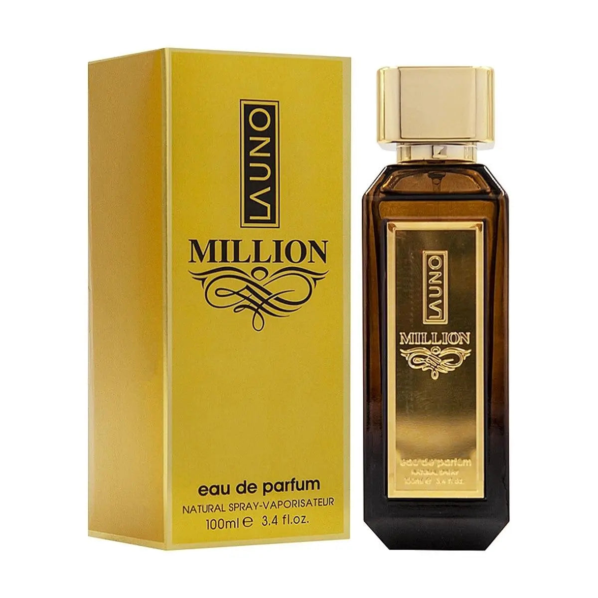 La Uno Million 100ml EDP by Fragrance World amber glass bottle with gold plaque and retail box - Wholesale UK at IMPERIAN