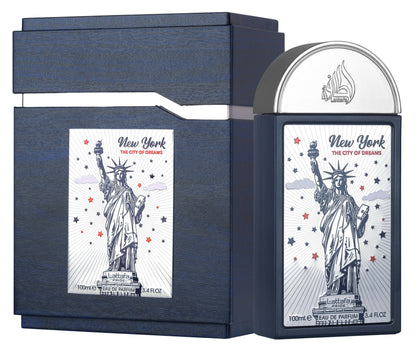 Front view of New York The City of Dreams 100ml EDP bottle by Lattafa Pride — Arabic perfume wholesale UK