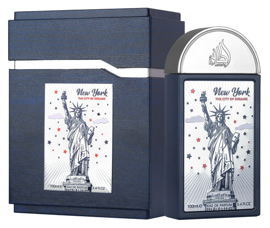 Front view of New York The City of Dreams 100ml EDP bottle by Lattafa Pride — Arabic perfume wholesale UK