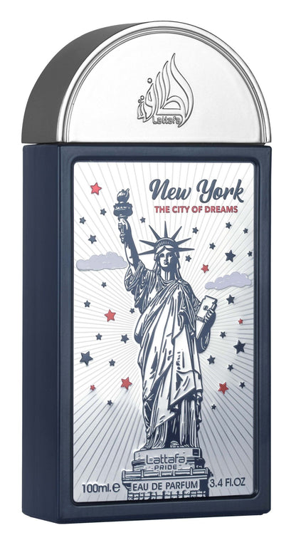 Front view of New York The City of Dreams 100ml EDP bottle by Lattafa Pride
