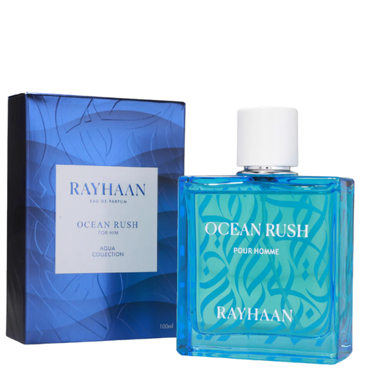 Rayhaan Ocean Rush Pour Homme 100ml blue bottle with Arabic calligraphy - Premium Arabic perfume wholesale UK