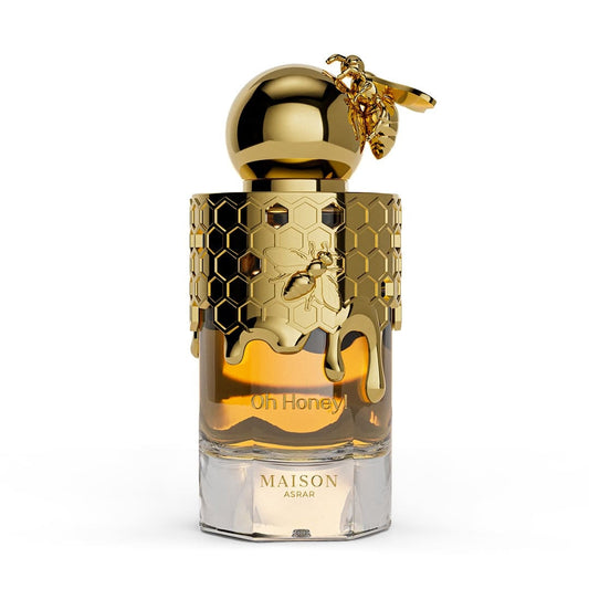 Front view of Maison Asrar Oh Honey perfume 100ml EDP bottle on a plain background