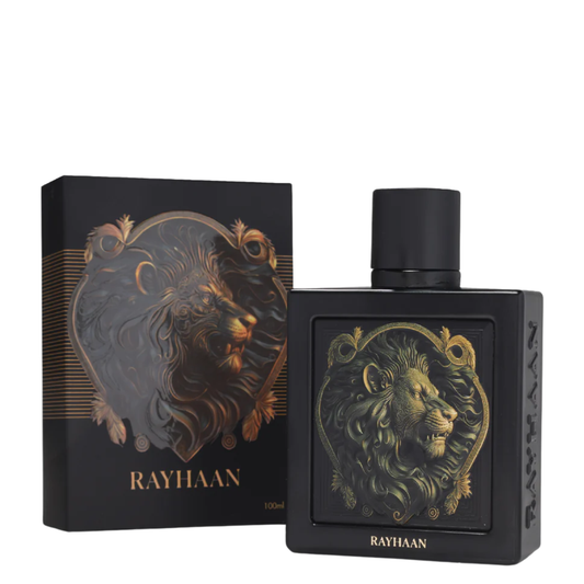 Rayhaan Lion 100ml EDP perfume bottle with a golden lion crest on a black textured background - Arabic perfume wholesale UK