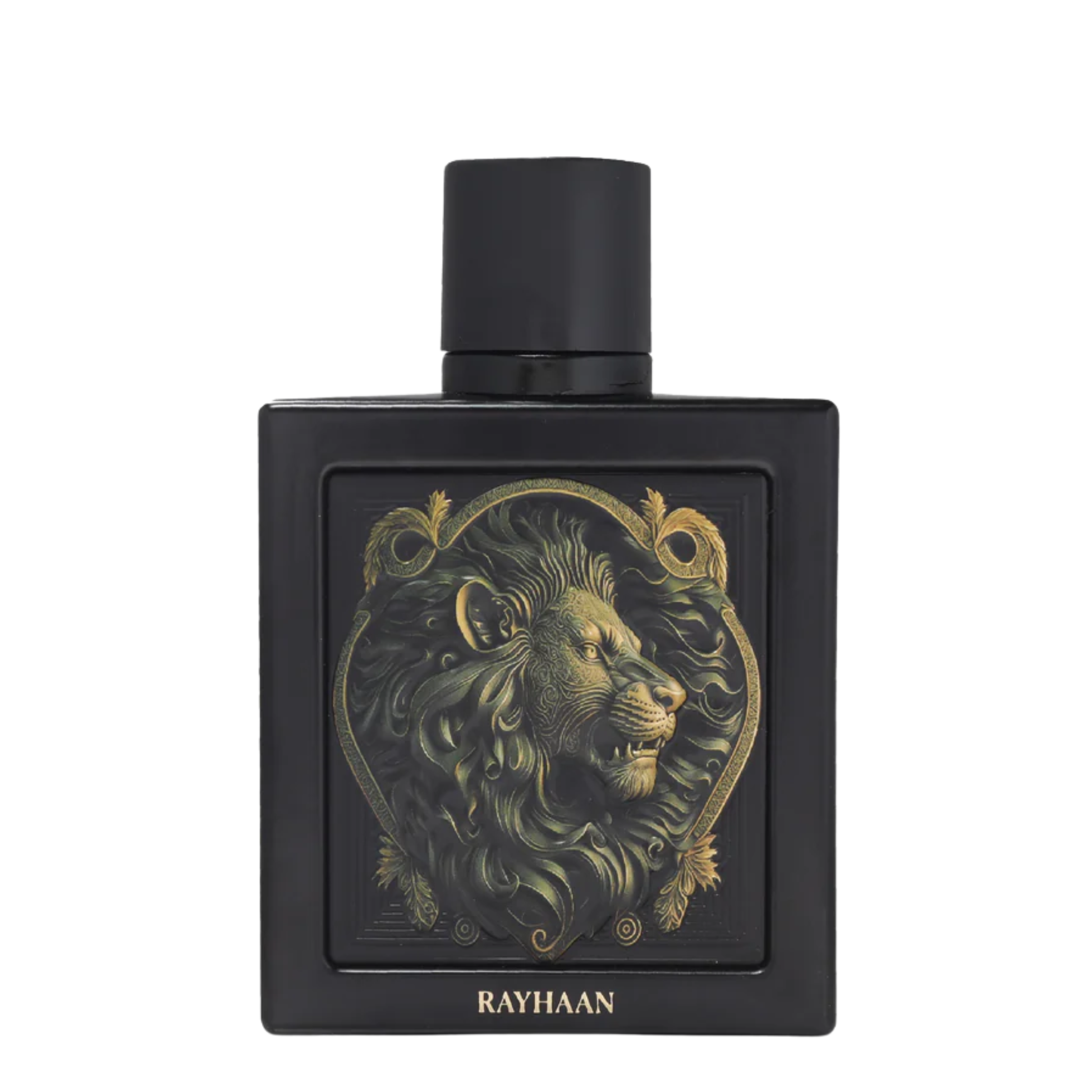 Rayhaan Lion 100ml EDP perfume bottle with a golden lion crest on a black textured background
