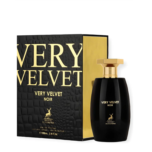 Bottle and packaging of Very Velvet Noir 100ml EDP perfume by Maison Alhambra